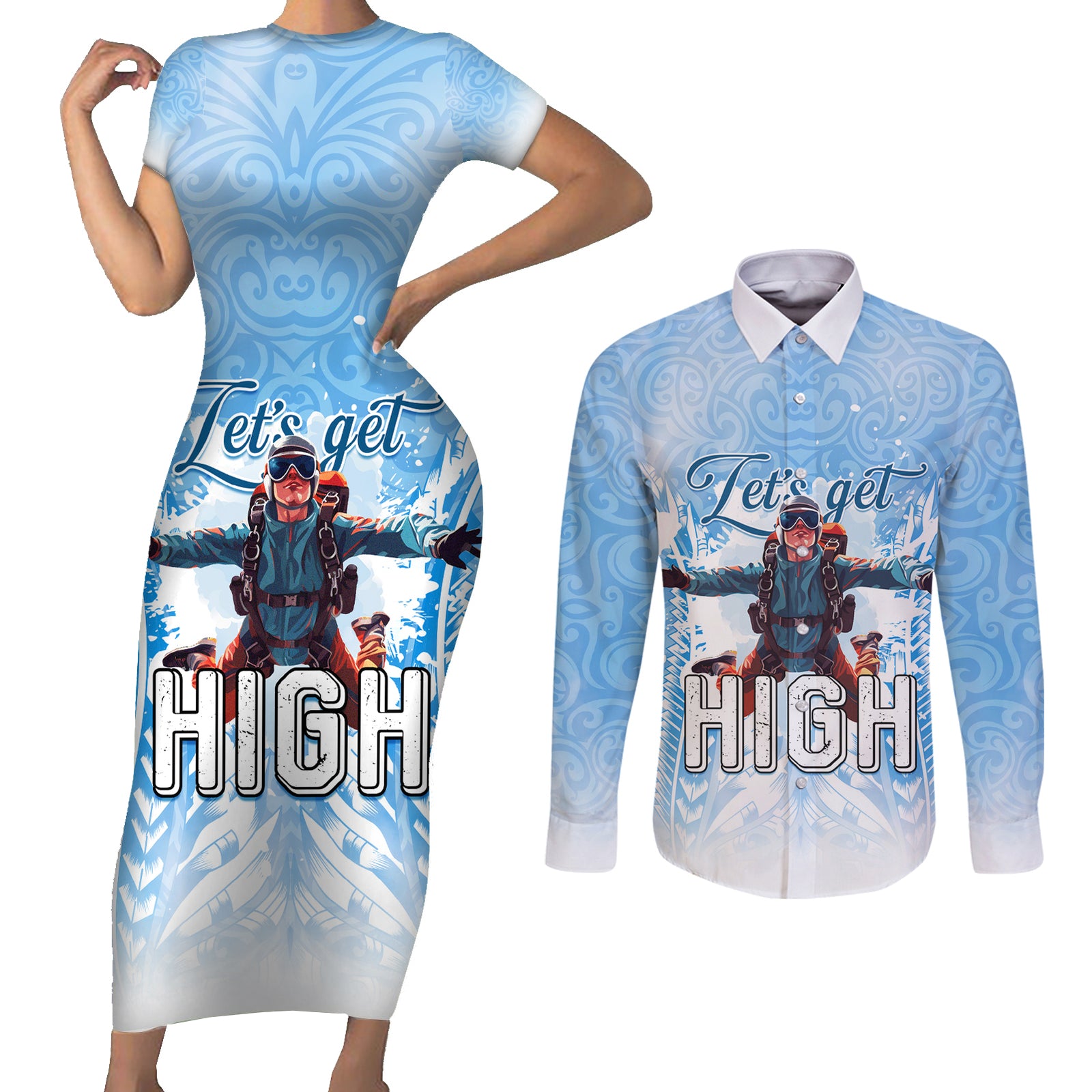 New Zealand Sky Diving Couples Matching Short Sleeve Bodycon Dress and Long Sleeve Button Shirt Lets Get High LT05 Blue - Polynesian Pride