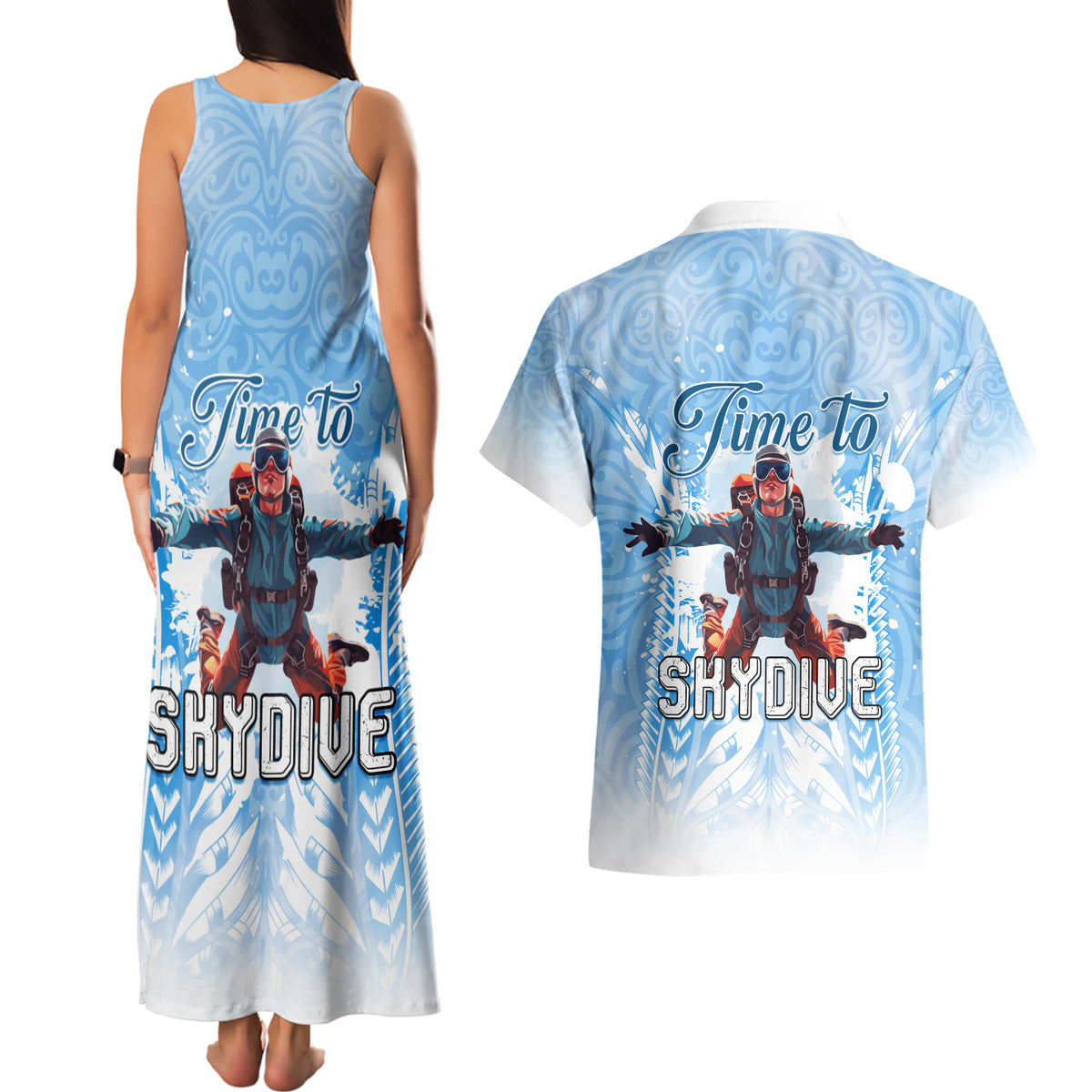 New Zealand Sky Diving Couples Matching Tank Maxi Dress and Hawaiian Shirt Lets Get High