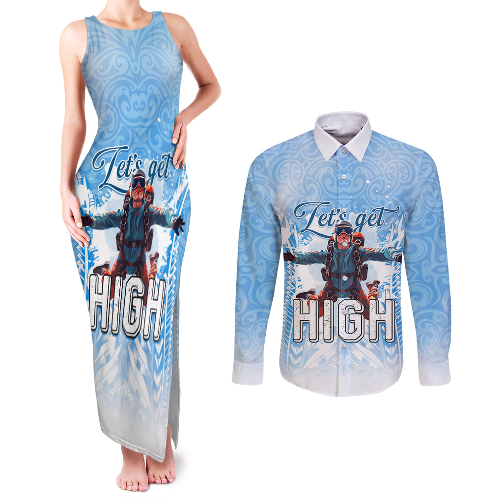 New Zealand Sky Diving Couples Matching Tank Maxi Dress and Long Sleeve Button Shirt Lets Get High
