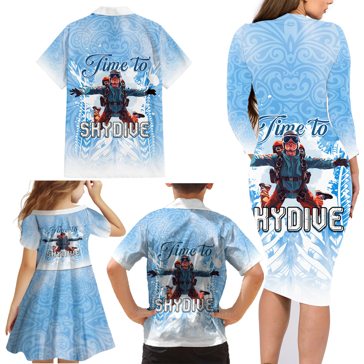 New Zealand Sky Diving Family Matching Long Sleeve Bodycon Dress and Hawaiian Shirt Lets Get High LT05 - Polynesian Pride