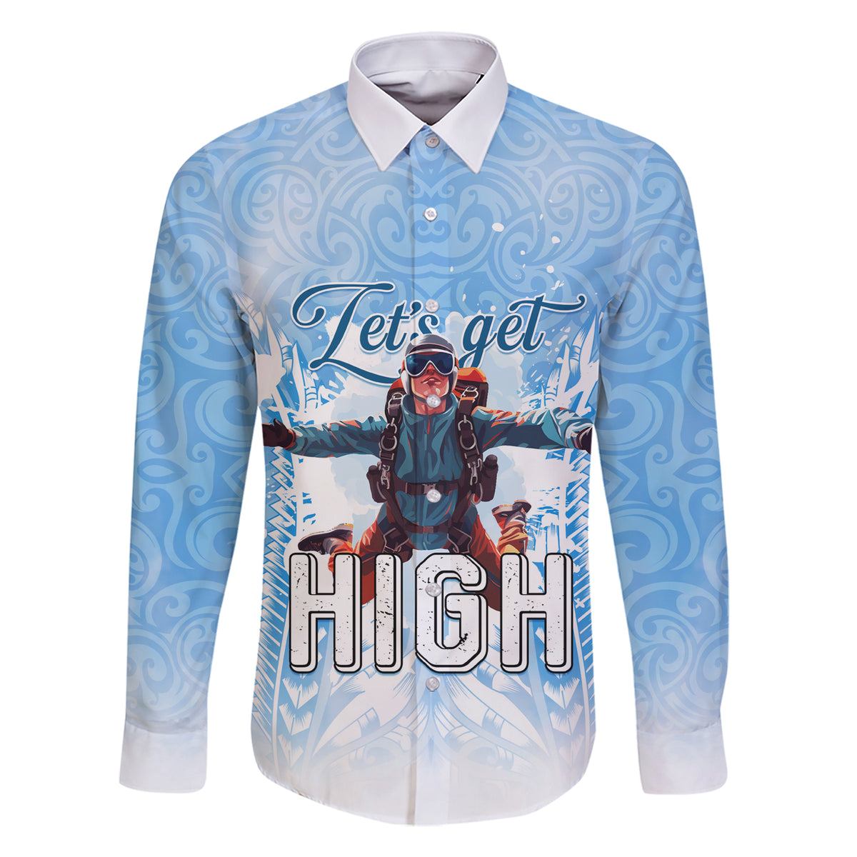 New Zealand Sky Diving Family Matching Short Sleeve Bodycon Dress and Hawaiian Shirt Lets Get High LT05 Dad's Shirt - Long Sleeve Blue - Polynesian Pride