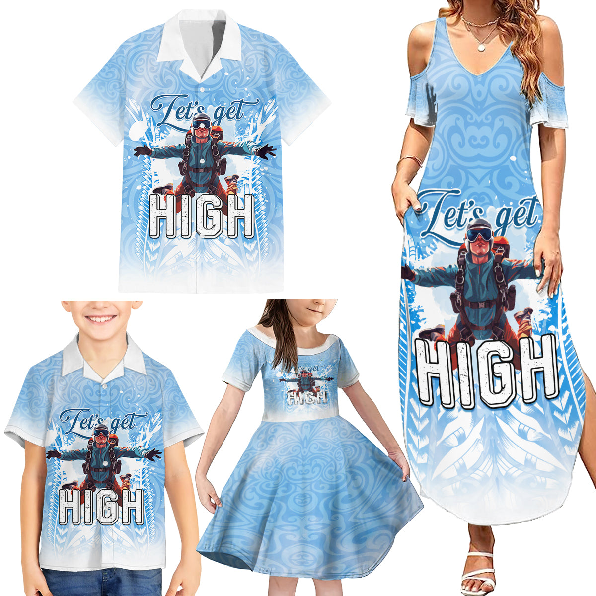New Zealand Sky Diving Family Matching Summer Maxi Dress and Hawaiian Shirt Lets Get High LT05 - Polynesian Pride