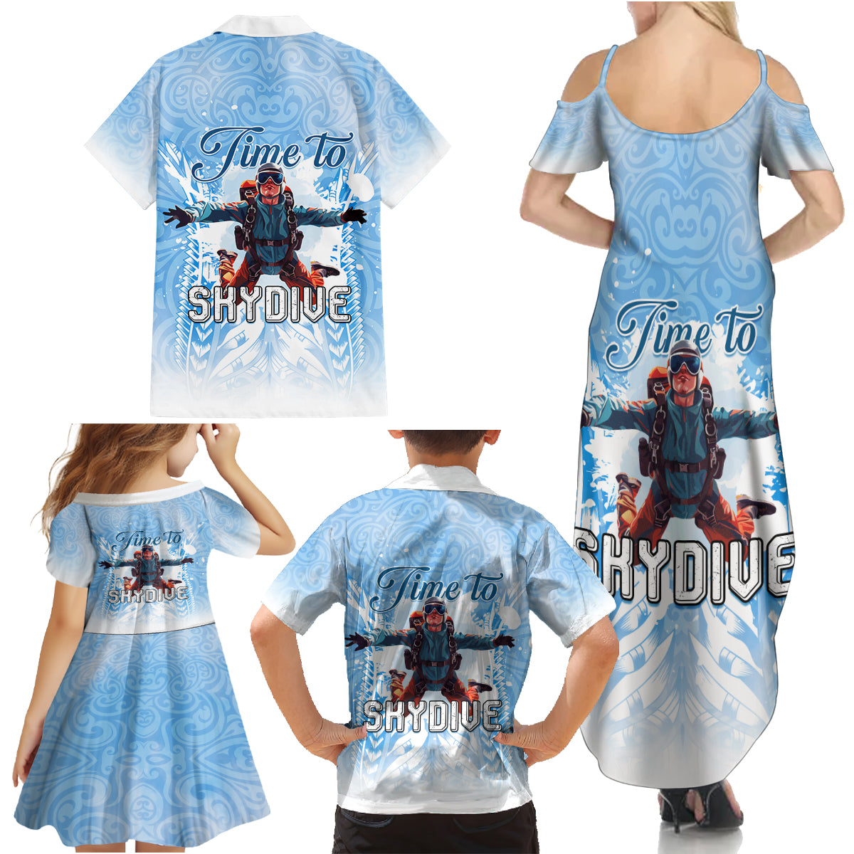New Zealand Sky Diving Family Matching Summer Maxi Dress and Hawaiian Shirt Lets Get High LT05 - Polynesian Pride
