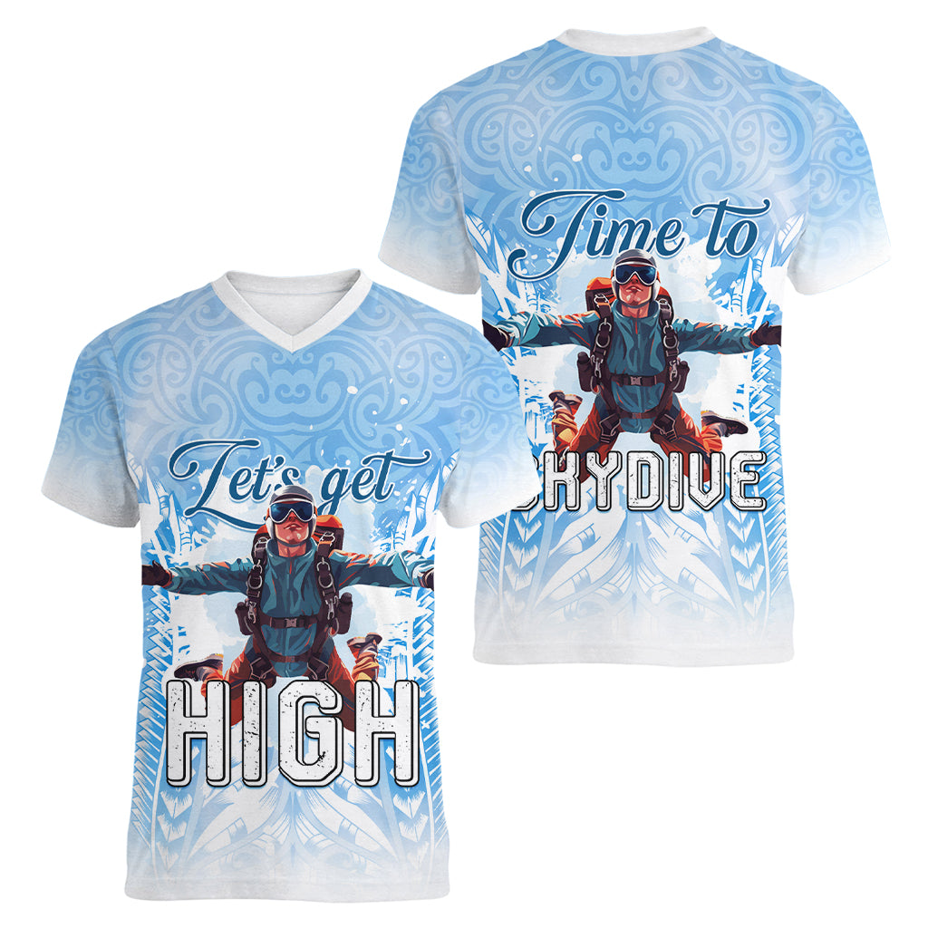 New Zealand Sky Diving Women V-Neck T-Shirt Lets Get High
