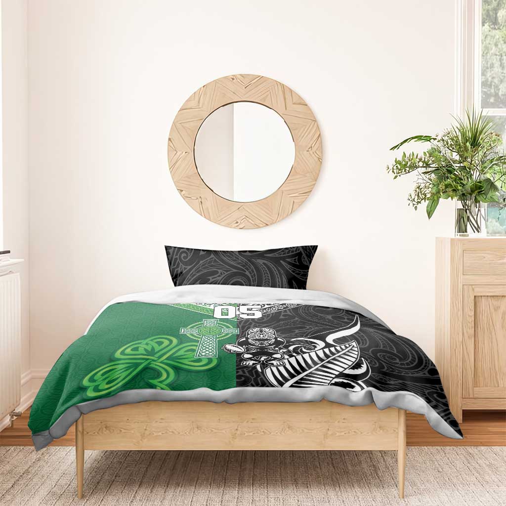 New Zealand And Ireland Rugby Custom Bedding Set Maori Tiki With Shamrock