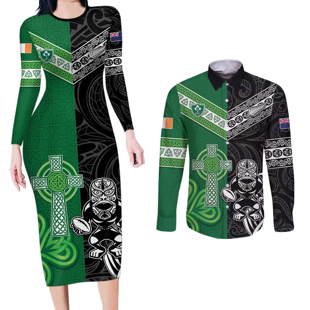 New Zealand And Ireland Rugby Custom Couples Matching Long Sleeve Bodycon Dress and Long Sleeve Button Shirt Maori Tiki With Shamrock LT05 Black - Polynesian Pride