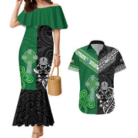 New Zealand And Ireland Rugby Custom Couples Matching Mermaid Dress and Hawaiian Shirt Maori Tiki With Shamrock LT05 Black - Polynesian Pride