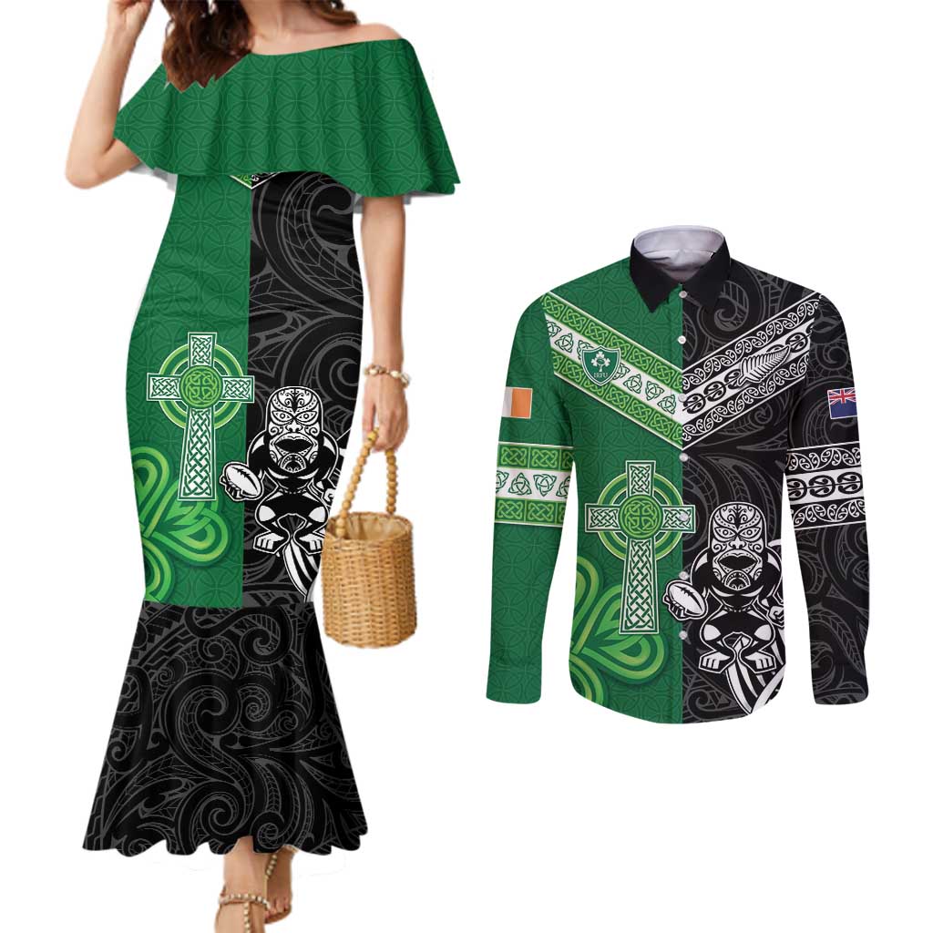 New Zealand And Ireland Rugby Custom Couples Matching Mermaid Dress and Long Sleeve Button Shirt Maori Tiki With Shamrock LT05 Black - Polynesian Pride
