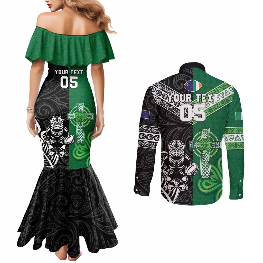 New Zealand And Ireland Rugby Custom Couples Matching Mermaid Dress and Long Sleeve Button Shirt Maori Tiki With Shamrock LT05 - Polynesian Pride