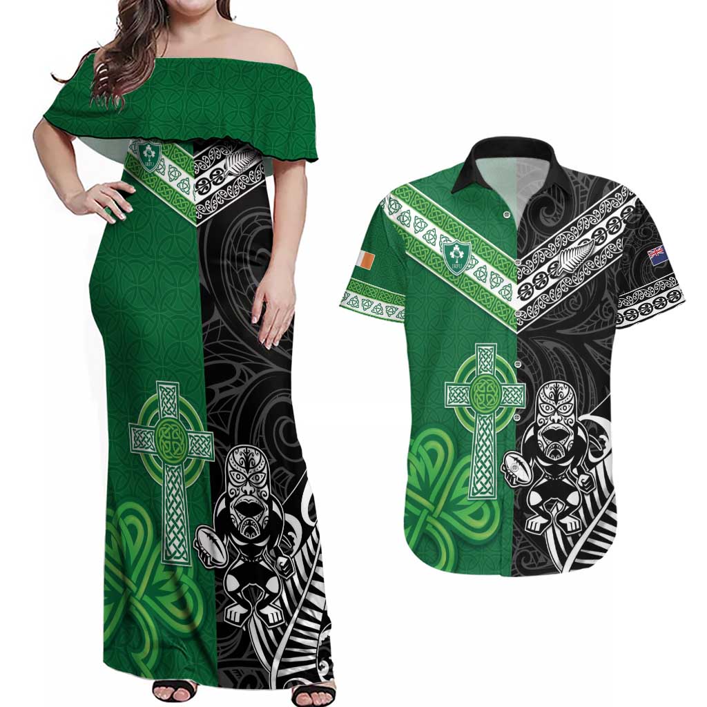 New Zealand And Ireland Rugby Custom Couples Matching Off Shoulder Maxi Dress and Hawaiian Shirt Maori Tiki With Shamrock LT05 Black - Polynesian Pride