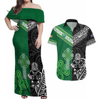 New Zealand And Ireland Rugby Custom Couples Matching Off Shoulder Maxi Dress and Hawaiian Shirt Maori Tiki With Shamrock LT05 Black - Polynesian Pride
