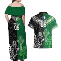 New Zealand And Ireland Rugby Custom Couples Matching Off Shoulder Maxi Dress and Hawaiian Shirt Maori Tiki With Shamrock LT05 - Polynesian Pride