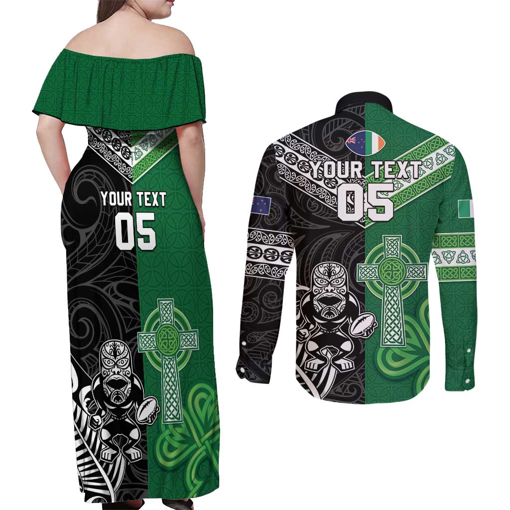 New Zealand And Ireland Rugby Custom Couples Matching Off Shoulder Maxi Dress and Long Sleeve Button Shirt Maori Tiki With Shamrock LT05 - Polynesian Pride
