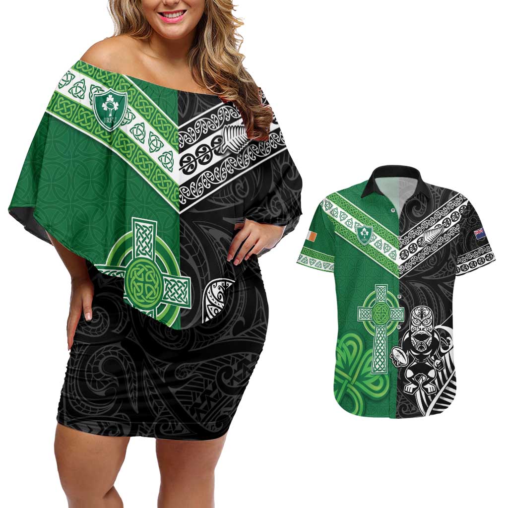 New Zealand And Ireland Rugby Custom Couples Matching Off Shoulder Short Dress and Hawaiian Shirt Maori Tiki With Shamrock LT05 Black - Polynesian Pride
