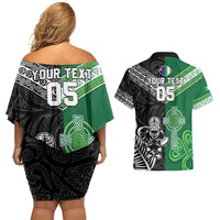 New Zealand And Ireland Rugby Custom Couples Matching Off Shoulder Short Dress and Hawaiian Shirt Maori Tiki With Shamrock LT05 - Polynesian Pride