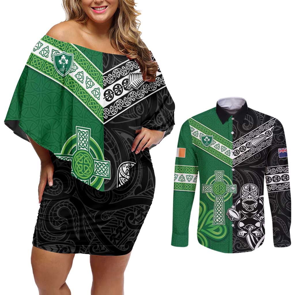 New Zealand And Ireland Rugby Custom Couples Matching Off Shoulder Short Dress and Long Sleeve Button Shirt Maori Tiki With Shamrock LT05 Black - Polynesian Pride