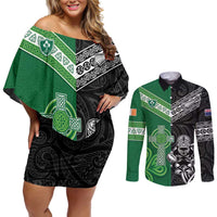 New Zealand And Ireland Rugby Custom Couples Matching Off Shoulder Short Dress and Long Sleeve Button Shirt Maori Tiki With Shamrock LT05 Black - Polynesian Pride