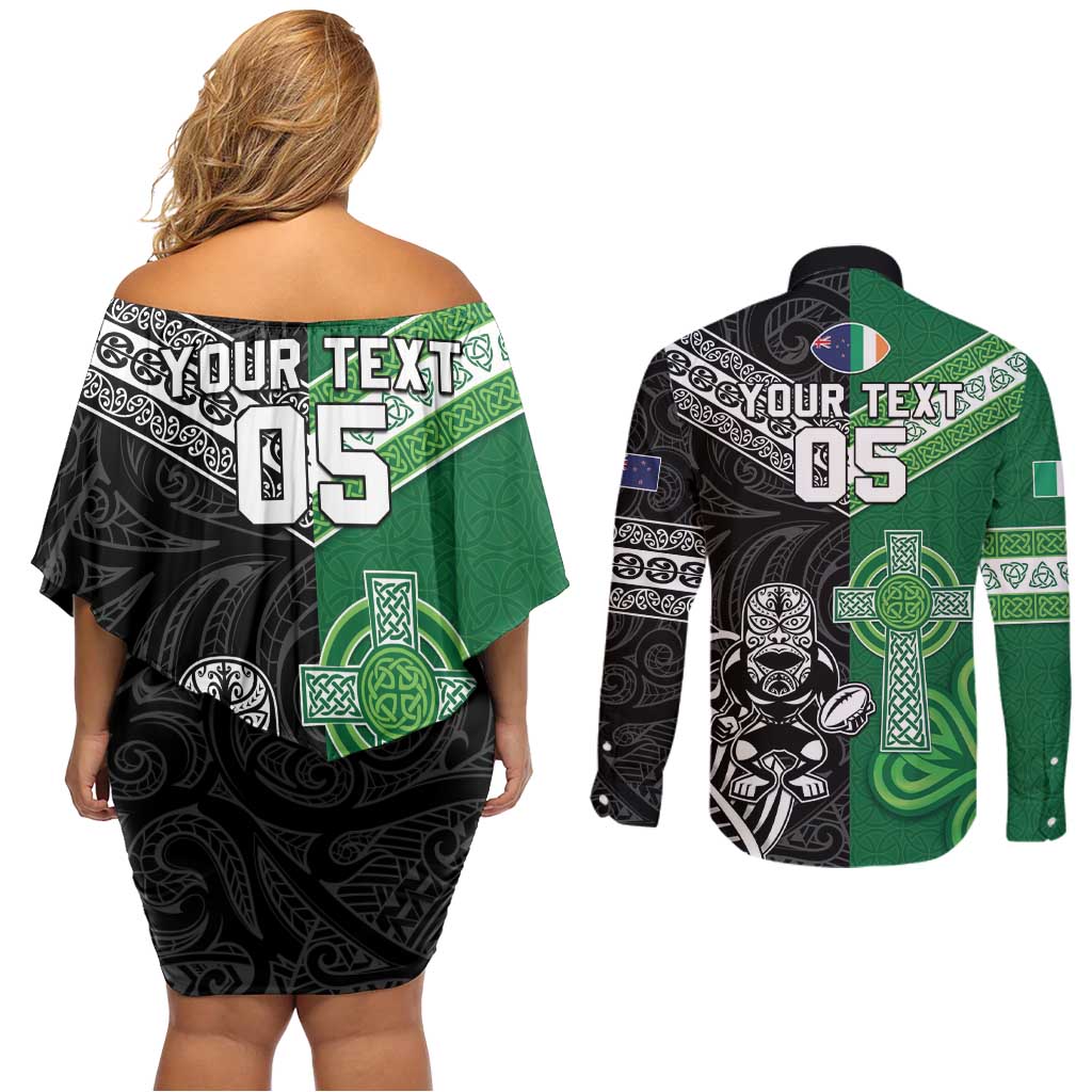 New Zealand And Ireland Rugby Custom Couples Matching Off Shoulder Short Dress and Long Sleeve Button Shirt Maori Tiki With Shamrock LT05 - Polynesian Pride