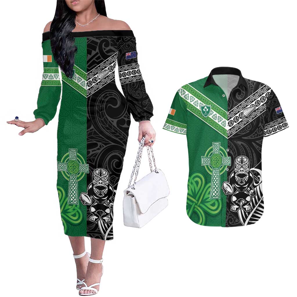 New Zealand And Ireland Rugby Custom Couples Matching Off The Shoulder Long Sleeve Dress and Hawaiian Shirt Maori Tiki With Shamrock LT05 Black - Polynesian Pride