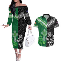 New Zealand And Ireland Rugby Custom Couples Matching Off The Shoulder Long Sleeve Dress and Hawaiian Shirt Maori Tiki With Shamrock LT05 Black - Polynesian Pride
