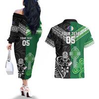 New Zealand And Ireland Rugby Custom Couples Matching Off The Shoulder Long Sleeve Dress and Hawaiian Shirt Maori Tiki With Shamrock LT05 - Polynesian Pride