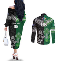 New Zealand And Ireland Rugby Custom Couples Matching Off The Shoulder Long Sleeve Dress and Long Sleeve Button Shirt Maori Tiki With Shamrock LT05 - Polynesian Pride