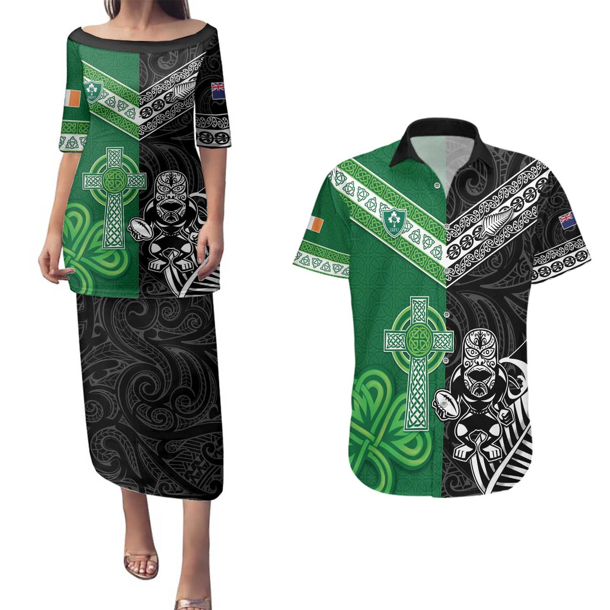 New Zealand And Ireland Rugby Custom Couples Matching Puletasi and Hawaiian Shirt Maori Tiki With Shamrock LT05 Black - Polynesian Pride