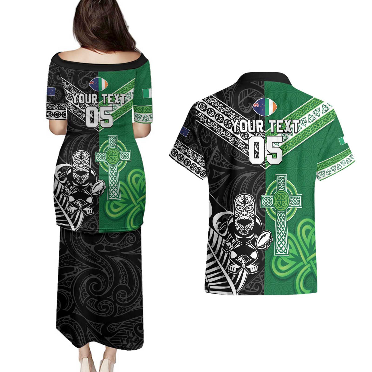 New Zealand And Ireland Rugby Custom Couples Matching Puletasi and Hawaiian Shirt Maori Tiki With Shamrock LT05 - Polynesian Pride