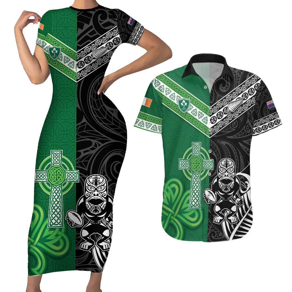 New Zealand And Ireland Rugby Custom Couples Matching Short Sleeve Bodycon Dress and Hawaiian Shirt Maori Tiki With Shamrock LT05 Black - Polynesian Pride