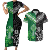 New Zealand And Ireland Rugby Custom Couples Matching Short Sleeve Bodycon Dress and Hawaiian Shirt Maori Tiki With Shamrock LT05 Black - Polynesian Pride