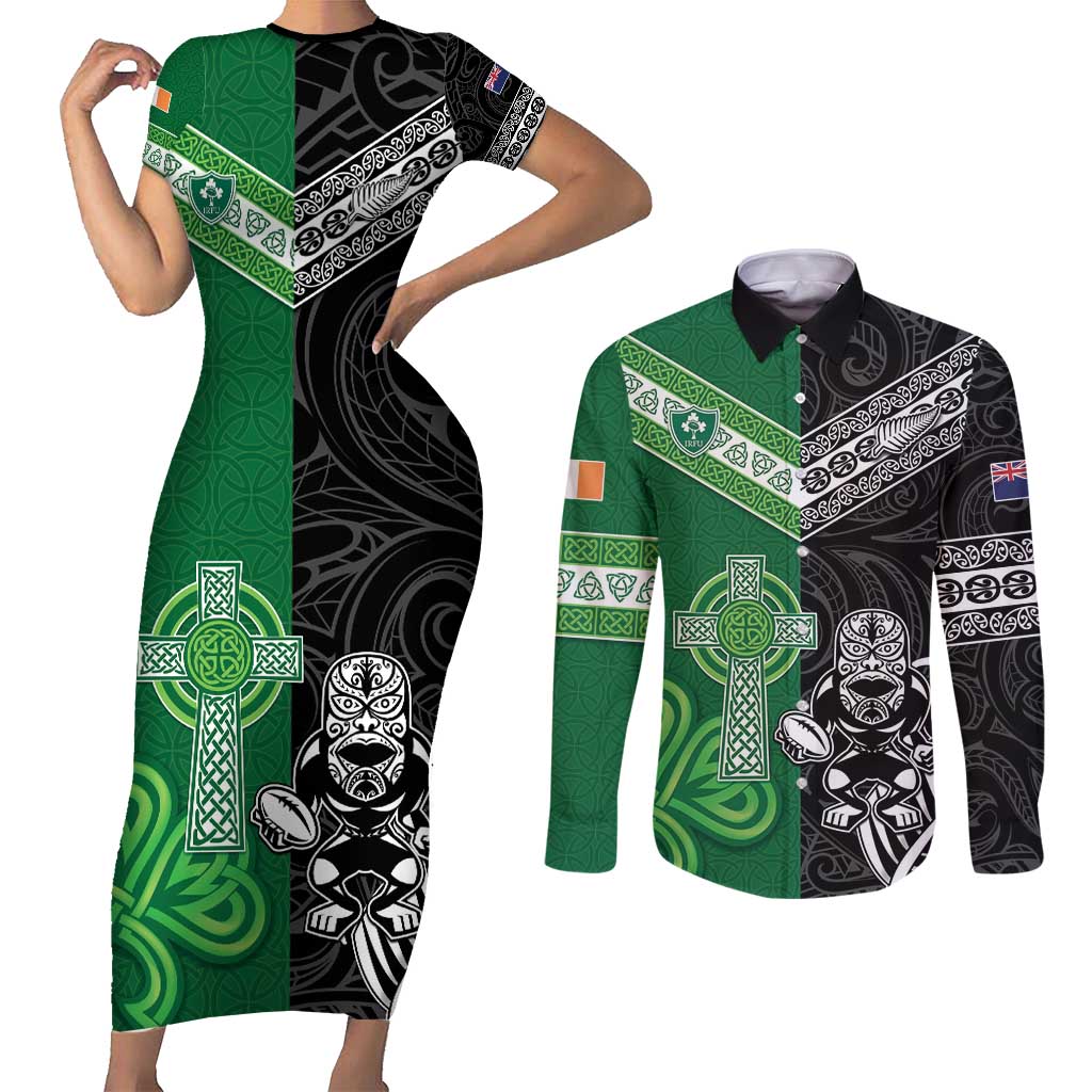 New Zealand And Ireland Rugby Custom Couples Matching Short Sleeve Bodycon Dress and Long Sleeve Button Shirt Maori Tiki With Shamrock LT05 Black - Polynesian Pride
