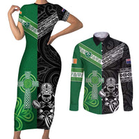 New Zealand And Ireland Rugby Custom Couples Matching Short Sleeve Bodycon Dress and Long Sleeve Button Shirt Maori Tiki With Shamrock LT05 Black - Polynesian Pride