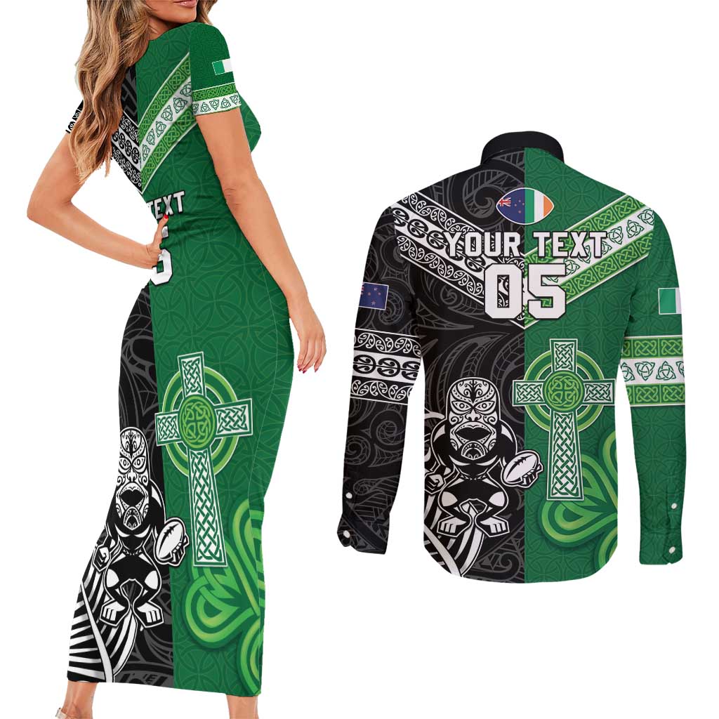 New Zealand And Ireland Rugby Custom Couples Matching Short Sleeve Bodycon Dress and Long Sleeve Button Shirt Maori Tiki With Shamrock LT05 - Polynesian Pride