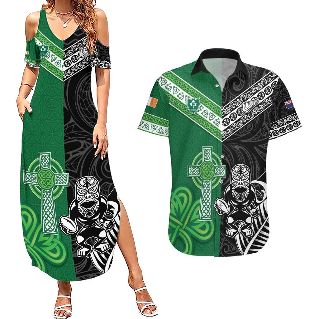 New Zealand And Ireland Rugby Custom Couples Matching Summer Maxi Dress and Hawaiian Shirt Maori Tiki With Shamrock LT05 Black - Polynesian Pride