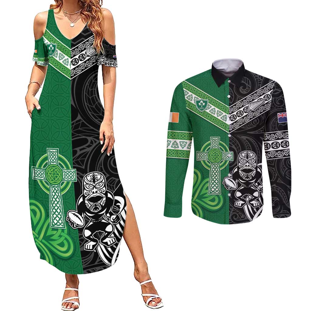 New Zealand And Ireland Rugby Custom Couples Matching Summer Maxi Dress and Long Sleeve Button Shirt Maori Tiki With Shamrock LT05 Black - Polynesian Pride