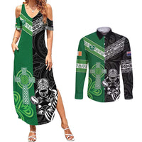 New Zealand And Ireland Rugby Custom Couples Matching Summer Maxi Dress and Long Sleeve Button Shirt Maori Tiki With Shamrock LT05 Black - Polynesian Pride