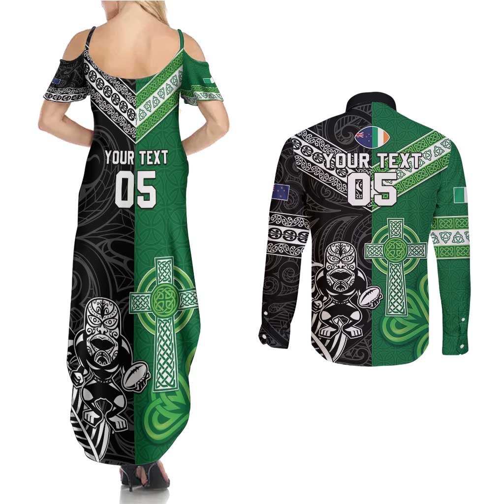 New Zealand And Ireland Rugby Custom Couples Matching Summer Maxi Dress and Long Sleeve Button Shirt Maori Tiki With Shamrock LT05 - Polynesian Pride