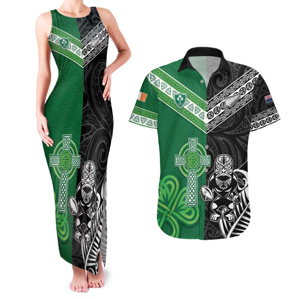 New Zealand And Ireland Rugby Custom Couples Matching Tank Maxi Dress and Hawaiian Shirt Maori Tiki With Shamrock LT05 Black - Polynesian Pride