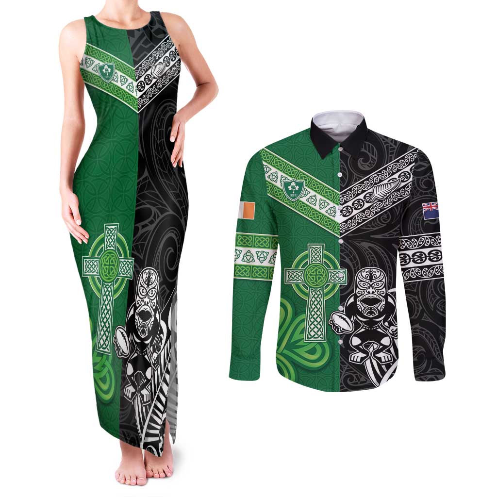 New Zealand And Ireland Rugby Custom Couples Matching Tank Maxi Dress and Long Sleeve Button Shirt Maori Tiki With Shamrock LT05 Black - Polynesian Pride
