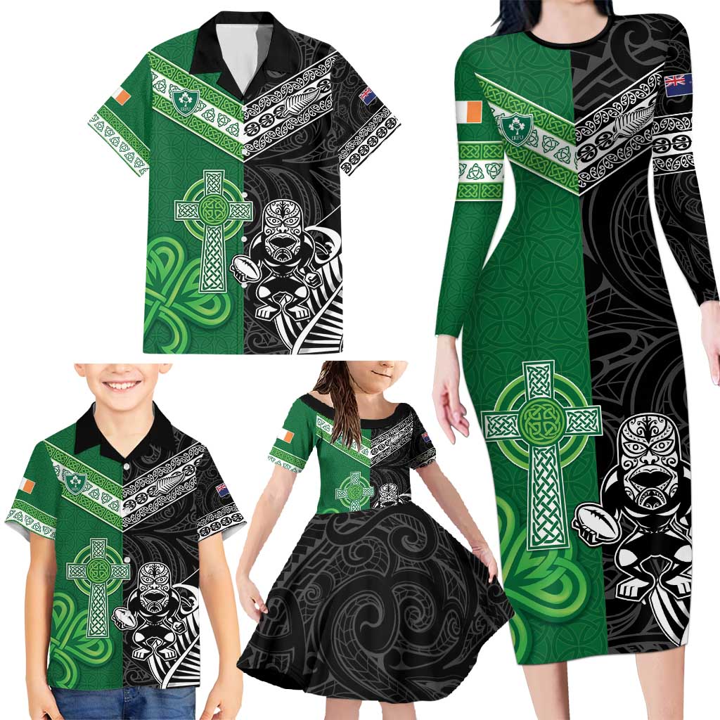 New Zealand And Ireland Rugby Custom Family Matching Long Sleeve Bodycon Dress and Hawaiian Shirt Maori Tiki With Shamrock LT05 - Polynesian Pride