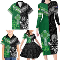 New Zealand And Ireland Rugby Custom Family Matching Long Sleeve Bodycon Dress and Hawaiian Shirt Maori Tiki With Shamrock LT05 - Polynesian Pride