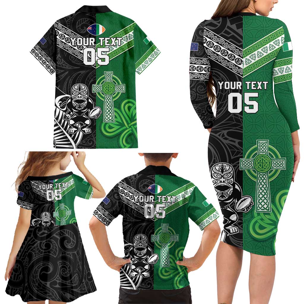 New Zealand And Ireland Rugby Custom Family Matching Long Sleeve Bodycon Dress and Hawaiian Shirt Maori Tiki With Shamrock LT05 - Polynesian Pride
