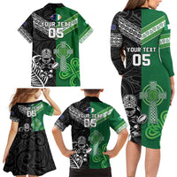 New Zealand And Ireland Rugby Custom Family Matching Long Sleeve Bodycon Dress and Hawaiian Shirt Maori Tiki With Shamrock LT05 - Polynesian Pride
