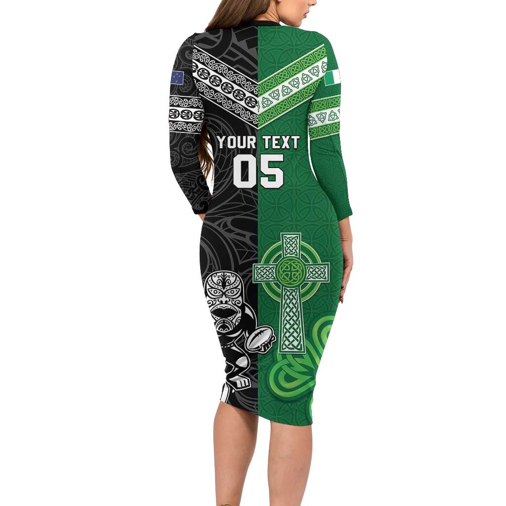 New Zealand And Ireland Rugby Custom Family Matching Long Sleeve Bodycon Dress and Hawaiian Shirt Maori Tiki With Shamrock LT05 - Polynesian Pride