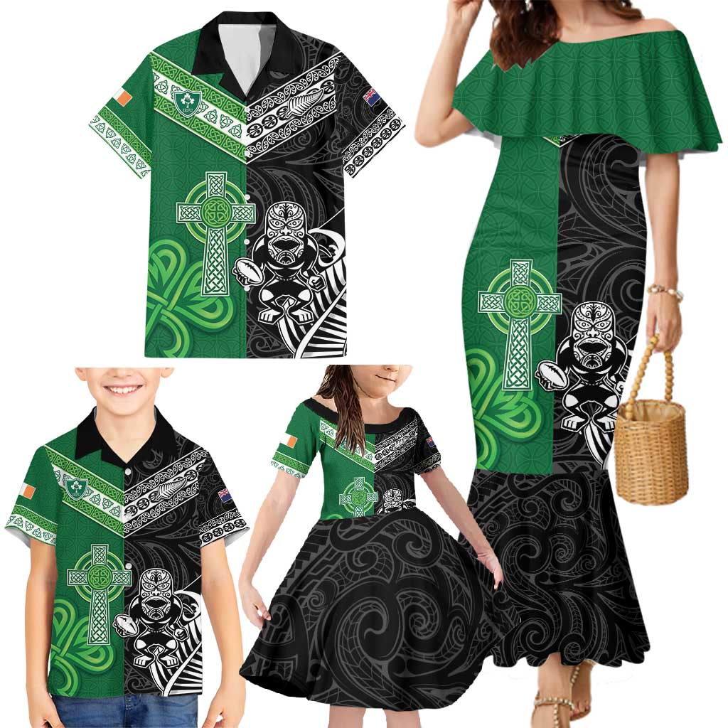 New Zealand And Ireland Rugby Custom Family Matching Mermaid Dress and Hawaiian Shirt Maori Tiki With Shamrock LT05 - Polynesian Pride
