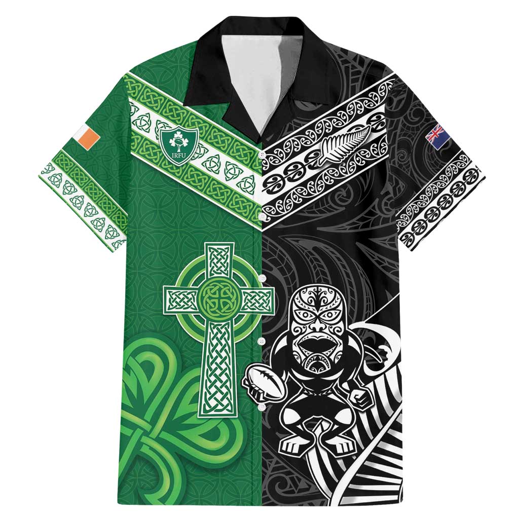 New Zealand And Ireland Rugby Custom Family Matching Mermaid Dress and Hawaiian Shirt Maori Tiki With Shamrock LT05 Dad's Shirt - Short Sleeve Black - Polynesian Pride