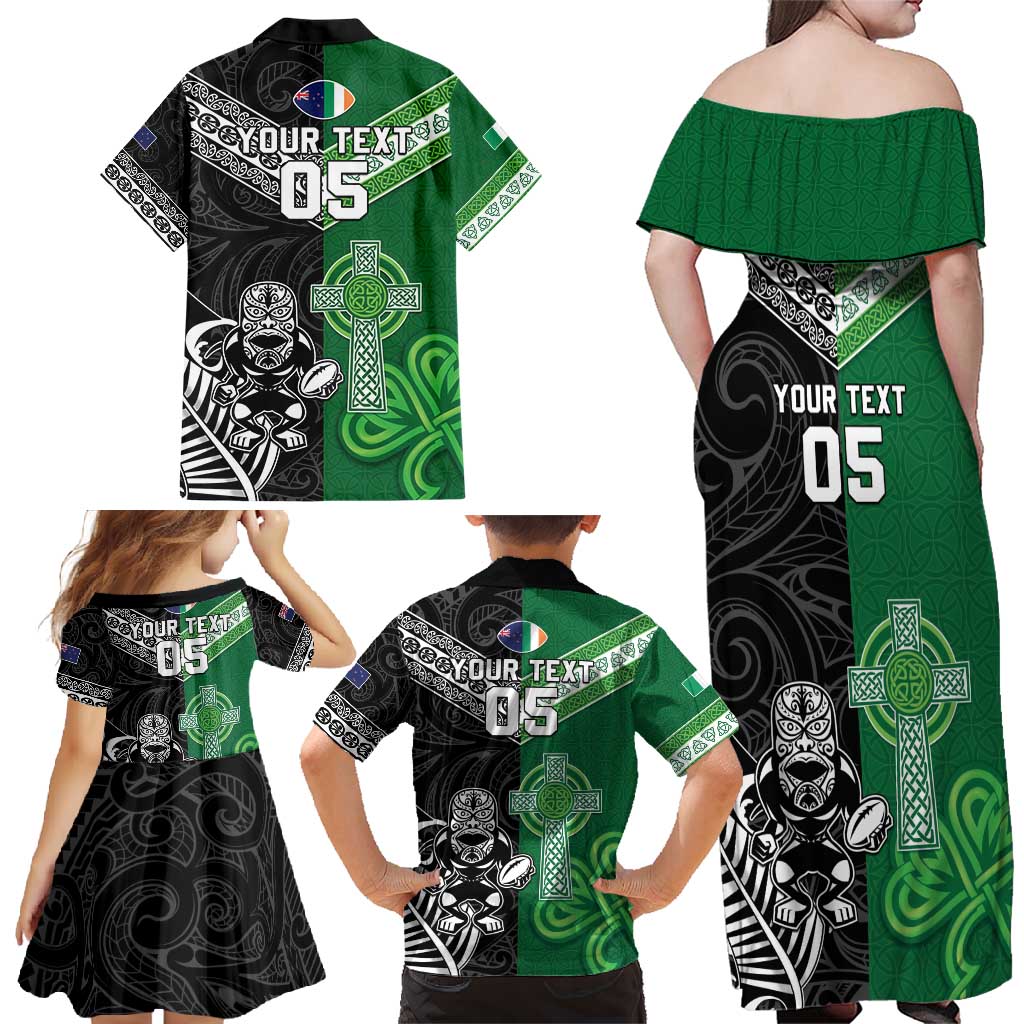 New Zealand And Ireland Rugby Custom Family Matching Off Shoulder Maxi Dress and Hawaiian Shirt Maori Tiki With Shamrock LT05 - Polynesian Pride