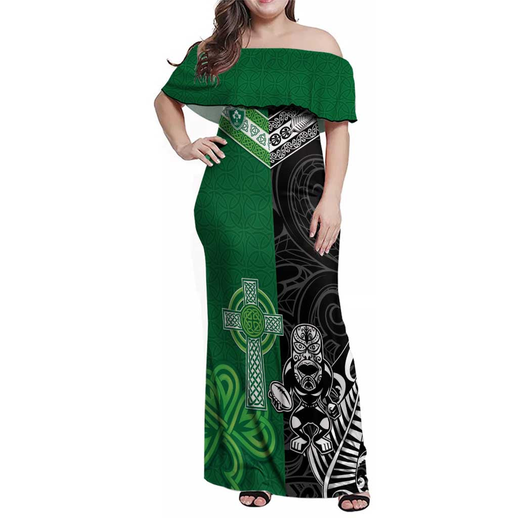 New Zealand And Ireland Rugby Custom Family Matching Off Shoulder Maxi Dress and Hawaiian Shirt Maori Tiki With Shamrock LT05 Mom's Dress Black - Polynesian Pride
