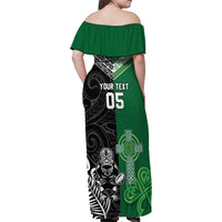 New Zealand And Ireland Rugby Custom Family Matching Off Shoulder Maxi Dress and Hawaiian Shirt Maori Tiki With Shamrock LT05 - Polynesian Pride