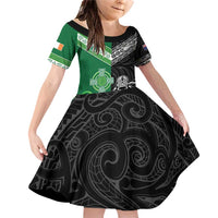 New Zealand And Ireland Rugby Custom Family Matching Off Shoulder Short Dress and Hawaiian Shirt Maori Tiki With Shamrock LT05 Daughter's Dress Black - Polynesian Pride